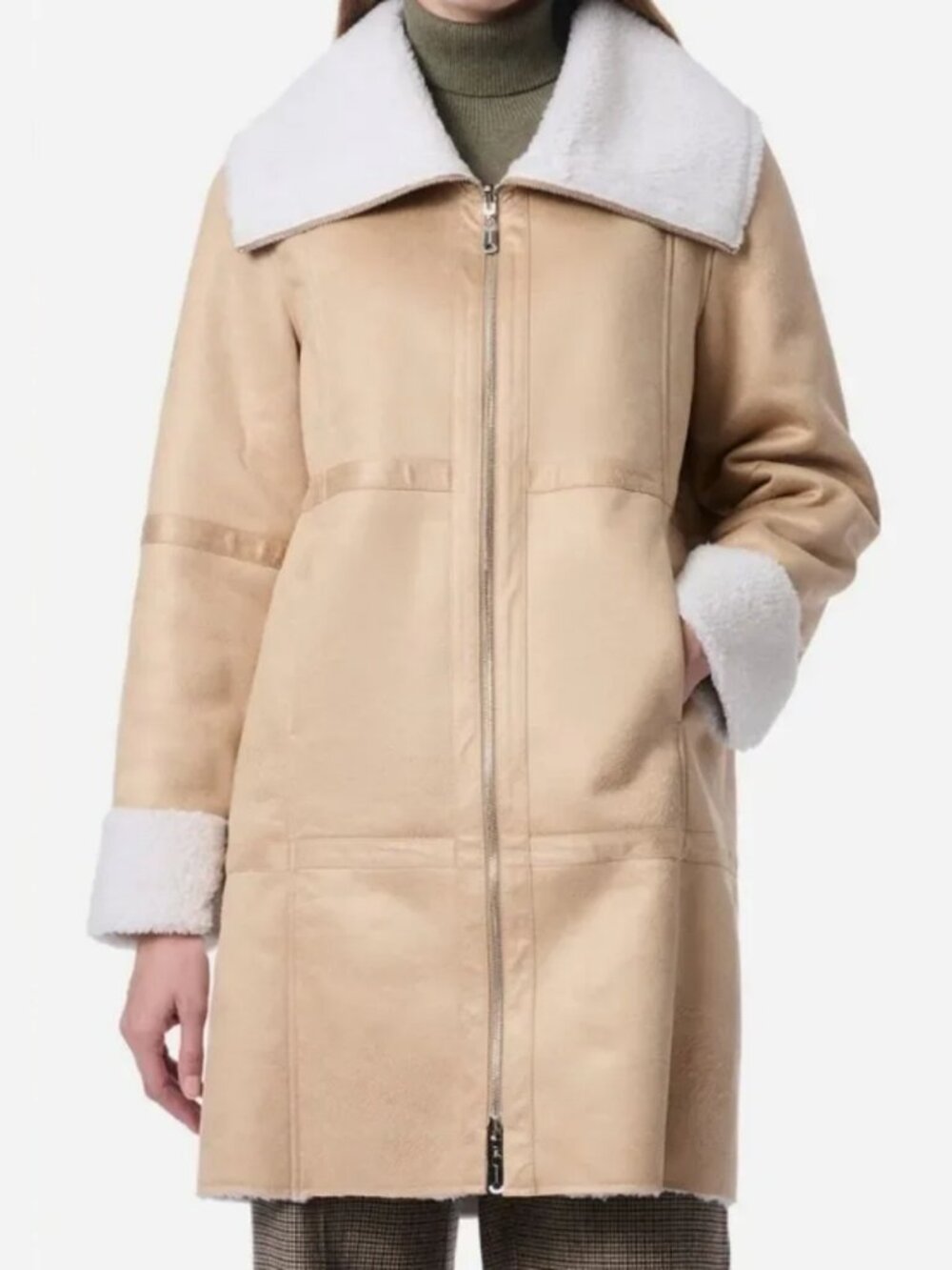 Bernardo Faux Leather & Fur Reversible Coat in Tan/Cream, size L, NWT
